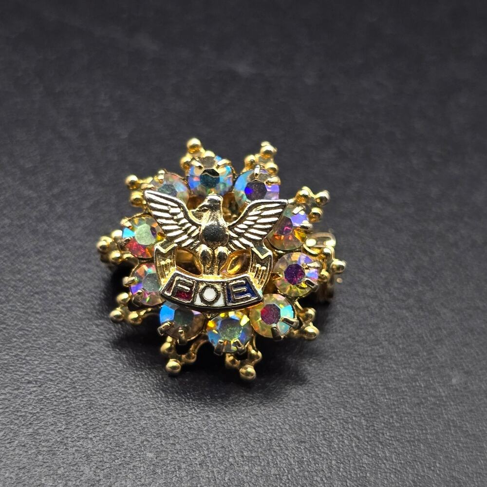 Aurora Borealis FOE Rhinestone Brooch Petite Vintage Fraternal Order Eagles